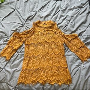 Elegant Mustard Lace Cold Shoulder Blouse